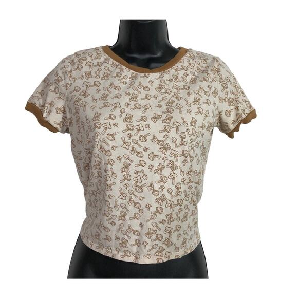 Mushroom Print Baby T Brown on Beige Ringer TShirt Juniors Small - Picture 1 of 7